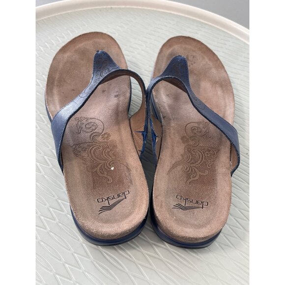 Dansko Priya Thong Sandals Size 37 Navy Blue Embossed Madala Cork Sole Comfort - Picture 3 of 10